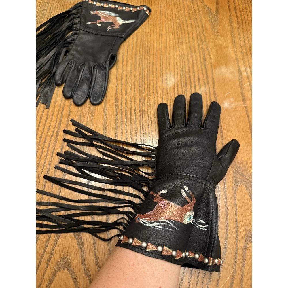 Patricia Wolf Black Leather Hand Painted Gloves Fringe Horses Beaded Cowgirl - Picture 10 of 11